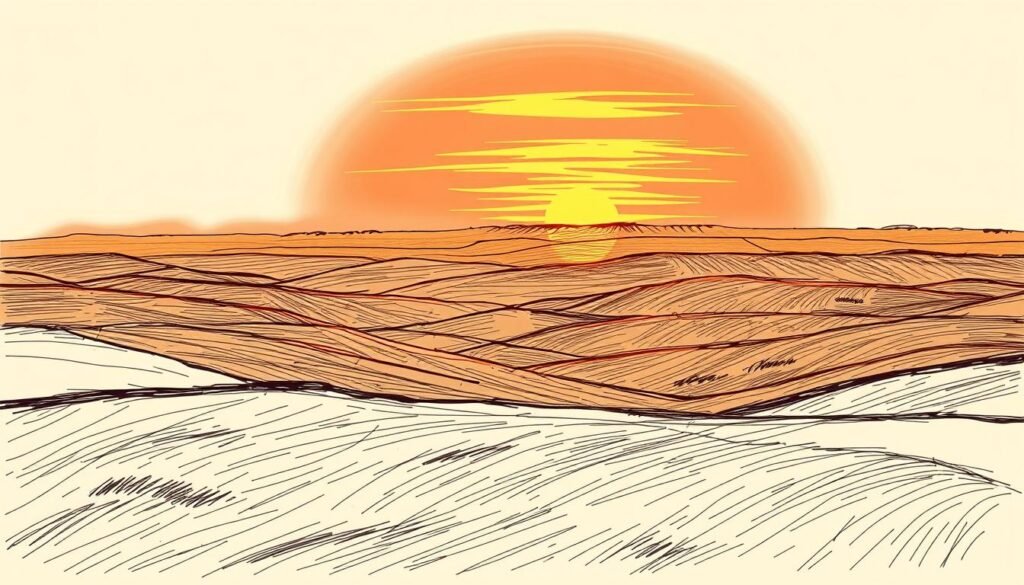 A sunset landscape sketch capturing the rolling hills and distant horizon. In the foreground, a hand-drawn sketch depicts the undulating terrain, with long shadows cast by the setting sun. The middle ground features a range of gently sloping hills, their silhouettes rendered in soft, organic lines. In the background, the sky is ablaze with a fiery display of oranges and reds, the sun's rays peeking out from behind the horizon. The lighting is warm and diffused, creating a sense of tranquility and contemplation. The overall aesthetic is that of a thoughtful, hand-drawn study, inviting the viewer to immerse themselves in the serene beauty of the natural world.