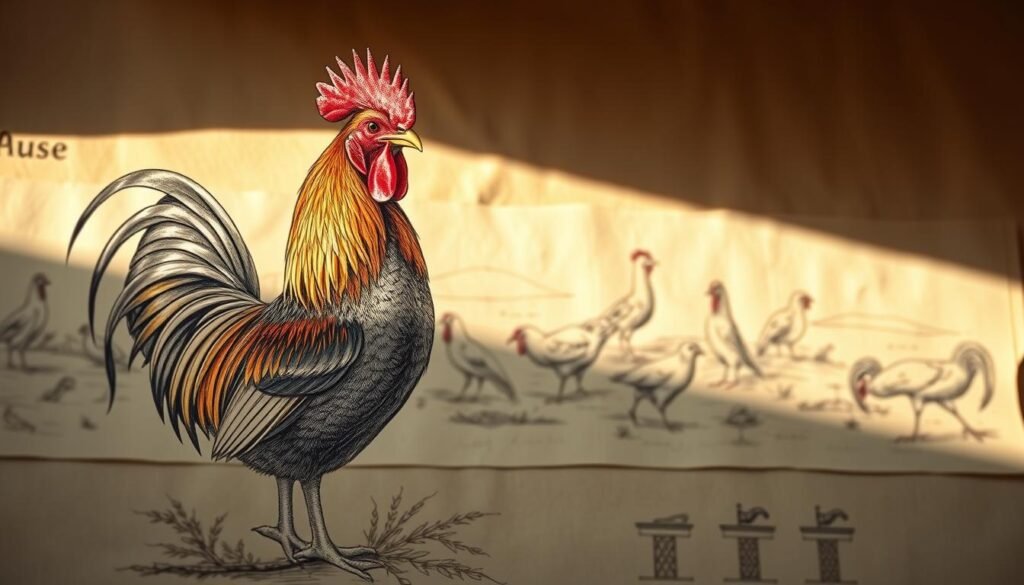A traditional poultry sketch adorned with intricate historical techniques. In the foreground, a detailed rendering of a majestic rooster, its plumage captured in vibrant hues and shimmering textures. The middle ground features a collection of quaint sketches showcasing diverse poultry poses, each executed with a distinct artistic style reminiscent of bygone eras. In the background, a softly blurred landscape provides a serene backdrop, evoking a sense of timelessness. The lighting is warm and natural, casting gentle shadows that accentuate the depth and dimension of the composition. The overall scene is imbued with a harmonious blend of classic and modern artistic approaches, creating a visually captivating and inspirational representation of historical poultry art techniques.