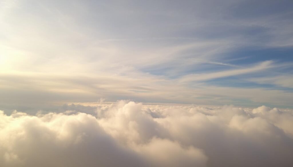 A tranquil, cloud-filled sky with a soft, ethereal quality. Wispy, billowing formations blend seamlessly, creating a sense of depth and dimension. Sunlight filters through, casting a warm, golden glow that illuminates the edges and shadows of the clouds. The composition features a balanced arrangement, with layers of clouds receding into the distance, conveying a serene and harmonious atmosphere. The scene is captured with a wide-angle lens, allowing for a panoramic view that showcases the captivating interplay of light and shadow on the cloud formations.