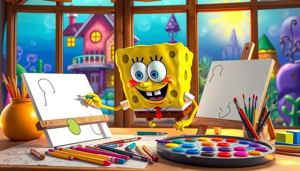 A vibrant and dynamic scene showcasing Spongebob Squarepants demonstrating various coloring techniques. In the foreground, Spongebob is intently focused, his yellow sponge-like body illuminated by warm lighting as he meticulously applies different hues and shading techniques to a blank canvas. In the middle ground, an array of art supplies, including paintbrushes, colored pencils, and a palette of vivid paints, are neatly arranged, reflecting Spongebob's organized and playful approach to the creative process. The background depicts the whimsical underwater world of Bikini Bottom, with the iconic Pineapple House and other familiar landmarks visible through a large window, creating a sense of depth and context. The overall atmosphere is one of creativity, experimentation, and Spongebob's signature enthusiasm for learning and exploring new artistic skills.
