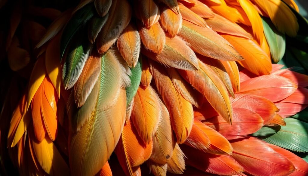 A vibrant and textured close-up of various chicken feathers, showcasing a diverse color palette and intricate patterning. The feathers are illuminated by soft, natural lighting, casting subtle shadows that accentuate their dimensional qualities. The composition emphasizes the unique shapes, textures, and hues of the individual feathers, allowing the viewer to appreciate the inherent beauty and complexity of the chicken's plumage. The overall mood is one of serene contemplation, inviting the viewer to examine the intricate details and appreciate the artistry found in nature.