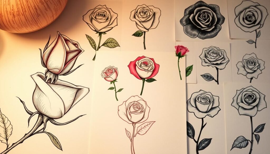 A vibrant assortment of rose drawings showcasing creative variations in lines, shapes, and textures. In the foreground, a detailed sketch of a rose bud unfurling its delicate petals, rendered with intricate cross-hatching and dynamic brushstrokes. In the middle ground, abstract rose silhouettes in striking geometric patterns, their forms simplified yet retaining the essence of the flower. In the background, a collage of rose illustrations exploring diverse media, from whimsical pen-and-ink renditions to richly textured charcoal and watercolor studies. Warm, muted lighting casts a contemplative mood, inviting the viewer to appreciate the artistry and versatility of rose drawings.