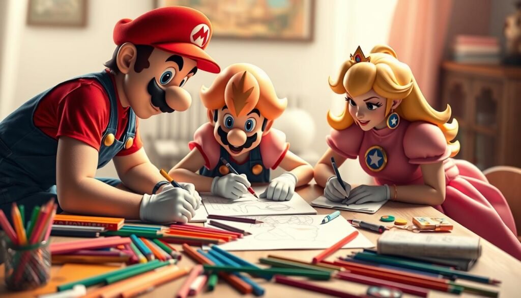 A vibrant, dynamic scene of Mario, Luigi, and Princess Peach engaged in a playful drawing session. The trio sits around a large table, surrounded by an array of colored pencils, sketchpads, and art supplies. Mario and Luigi, with their iconic overalls and mustaches, lean over the table, their expressions focused as they sketch. Princess Peach, in her elegant pink gown, smiles warmly, guiding their hands with gentle instruction. Soft, diffused lighting bathes the scene, creating a cozy, inviting atmosphere. The background is blurred, emphasizing the subjects and their creative collaboration. The overall mood is one of whimsical joy and artistic camaraderie, perfectly capturing the spirit of the "Mario" universe.