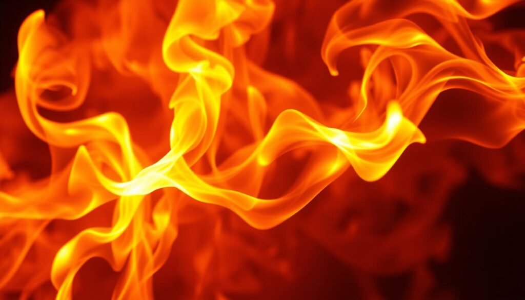 A vibrant flame dancing across the canvas, casting mesmerizing lines and shapes. The fire flickers and swirls, its dynamic movement captured in a burst of energy. Intricate patterns emerge from the heart of the flame, tracing delicate curves and angular forms. The lighting is warm and intense, highlighting the depth and texture of the flames. The scene is tightly framed, focusing the viewer's attention on the captivating interplay of light and shadow. An atmospheric haze adds depth and a sense of motion, creating a sense of depth and dimension. The overall mood is one of raw power and primal beauty, inviting the viewer to become immersed in the elemental artistry of the flame.