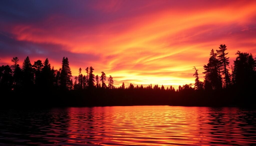 A vibrant sunset landscape with dynamic color transitions. In the foreground, a tranquil lake reflects the warm hues of the sky, its surface rippled by a gentle breeze. The midground features a silhouetted forest of tall, slender trees, their branches reaching towards the heavens. In the background, the sky erupts in a stunning display of oranges, pinks, and deep purples, gradually fading from one hue to the next. The lighting is soft and diffused, creating a sense of depth and atmosphere. The overall scene is serene and contemplative, inviting the viewer to immerse themselves in the beauty of the natural world.