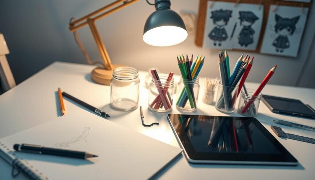 A well-lit, neatly arranged table showcasing an assortment of drawing materials essential for creating the iconic Kuromi character. In the foreground, a sketchbook, a set of high-quality colored pencils, and a sleek, modern drawing tablet with a stylus. In the middle ground, a jar of fine-tipped pens in various colors, a ruler, and a small container of blending stumps. The background features a vintage-inspired desk lamp casting a warm, focused light, along with a few inspirational Kuromi illustrations pinned to a corkboard. The overall scene conveys a sense of artistic focus, creativity, and dedication to the craft of drawing.