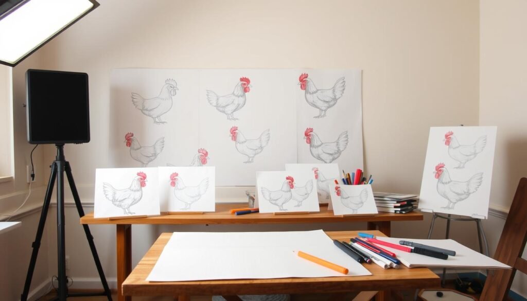 A well-lit studio setting featuring a comparative display of step-by-step chicken drawing methods. In the foreground, several sketched chicken profiles in various styles, from realistic to stylized. In the middle ground, a wooden drawing desk with assorted drawing materials - pencils, markers, sketchpads. The background showcases a neutral-toned wall, allowing the drawing examples to take center stage. Soft, directional lighting illuminates the scene, creating depth and highlighting the textural details of the drawings. The overall atmosphere is one of artistic exploration and educational comparison of techniques, inviting the viewer to observe and learn.