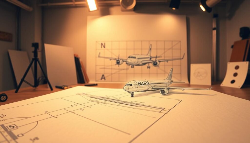 A well-lit studio space showcasing various drawing methods and perspectives for an airplane. In the foreground, a detailed technical sketch with precise lines and measurements. In the middle ground, a freehand sketch with expressive linework capturing the airplane's dynamic form. In the background, a perspective grid and vanishing points, illustrating the principles of 3D rendering. Warm lighting from multiple angles creates depth and highlights the textures of the drawing surfaces. The overall mood is one of technical proficiency and artistic exploration, inviting the viewer to dive into the process of airplane illustration.