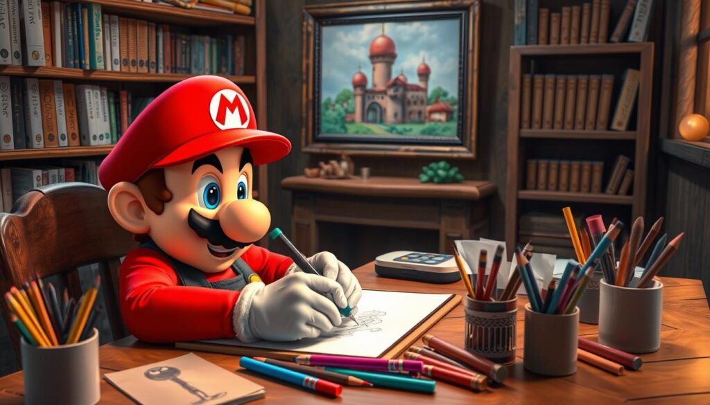 A whimsical scene of Mario, the iconic video game character, seated at a wooden drawing desk, his face alight with concentration as he shares his artistic expertise. The foreground features Mario's gloved hands skillfully sketching on a pad, surrounded by an array of drawing tools - pencils, markers, and a cup of brushes. The middle ground showcases a bookshelf filled with art instruction manuals and a framed artwork of the Mushroom Kingdom in the background. Warm, soft lighting illuminates the scene, creating a cozy, welcoming atmosphere, as if inviting the viewer to learn alongside the beloved plumber.