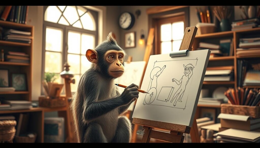 A whimsical scene of a curious monkey intently sketching a step-by-step diagram on an easel, surrounded by a cozy, well-lit studio space. The simian artist studies its work, pencil in hand, its brow furrowed in concentration. The background is filled with art supplies, shelves of sketchbooks, and a large window that lets in natural light, casting a warm, inviting glow. The composition is balanced and framed to showcase the monkey's artistic endeavor, capturing the essence of the "Step-by-Step Guide: How Can I Draw a Monkey" section.