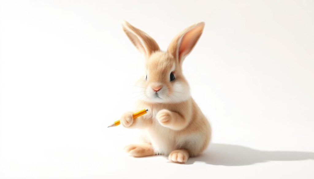 A whimsical scene of a cute, fluffy bunny drawing guidelines on a crisp white background. The bunny holds a pencil in its paws, carefully sketching out light, guiding lines to help construct the perfect rabbit form. Soft, natural lighting illuminates the bunny's adorable features, casting gentle shadows. The composition is centered, with the bunny occupying the foreground, surrounded by ample negative space to emphasize the step-by-step drawing process. The overall mood is playful, educational, and inviting, perfectly suited to illustrate a tutorial on drawing a charming, cartoon-like rabbit.