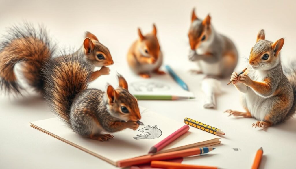 A whimsical scene showcasing various drawing methods for depicting adorable squirrels. In the foreground, a squirrel is seen sketching with charcoal on a pad of paper, its tail curled with concentration. In the middle ground, another squirrel uses colored pencils to capture the vibrant hues of its surroundings. In the background, a squirrel delicately inks an intricate line drawing of its furry companion. Soft, diffused lighting illuminates the scene, creating a warm, inviting atmosphere. The composition is balanced and visually striking, highlighting the creative potential of these industrious little creatures.