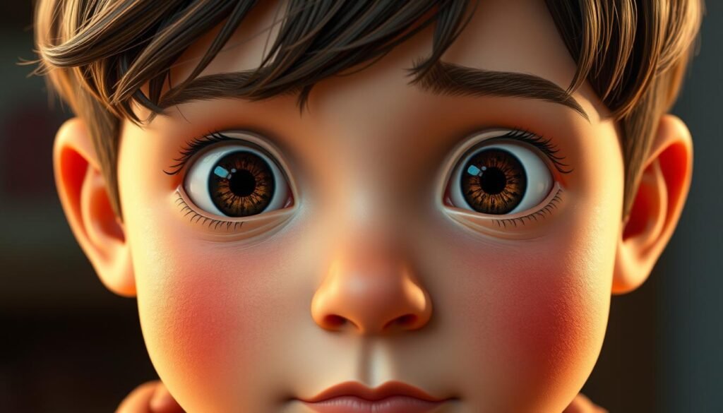 A youthful boy's face, rendered with expressive character details. Warm, soft lighting illuminates his features, creating a sense of gentle realism. His eyes are wide and inquisitive, brows slightly furrowed in contemplation. The nose and lips have delicate, distinctive shapes, conveying a unique personality. Subtle texture and pores add depth and believability to the skin. The hair is meticulously detailed, with strands falling softly across the forehead. The composition is tight, focusing the viewer's attention on the engaging, emotive face. An air of thoughtfulness and personality permeates the image, inviting the viewer to connect with the character.