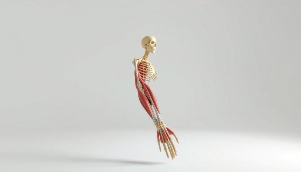 An anatomical study of a human arm, showcasing the underlying muscle and skeletal structure. The foreground features a detailed rendering of the arm's complex anatomy, with a focus on the contours and shapes of the major muscle groups. The middle ground depicts the arm in a neutral pose, allowing for a clear view of the joint structures and bone formations. The background is a clean, minimalist environment, with soft, directional lighting that accentuates the three-dimensional form and casts subtle shadows, enhancing the sense of depth and realism. The overall composition aims to provide a comprehensive visual reference for understanding the construction and mechanics of a realistic human arm.