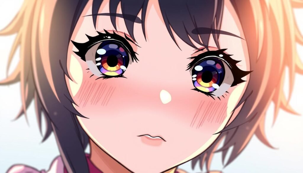 An artistic close-up view of a Kuromi character's face, showcasing various coloring techniques. The lighting is soft and diffused, creating a warm, inviting atmosphere. The focus is on the intricate shading, highlights, and color blending used to capture Kuromi's distinct features, such as her large, expressive eyes, striking eyelashes, and defined brows. The texture of the coloring medium, whether digital or traditional, is evident, adding depth and realism to the illustration. The background is subtly blurred, allowing the viewer to concentrate on the captivating details of Kuromi's face and the coloring process.