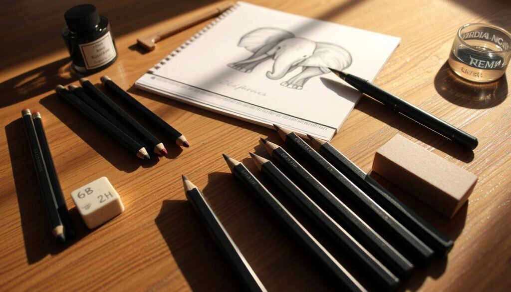 An assortment of high-quality drawing materials arranged on a wooden tabletop, casting soft shadows. In the foreground, a set of professional-grade pencils, ranging from 6B to 2H, along with a sharpener and kneaded eraser. In the middle ground, a sketchpad with blank pages, a ruler, and a blending stump. In the background, a bottle of India ink, a calligraphy pen, and a small container of water for washes. The overall mood is one of artistic inspiration and the tools necessary for creating a detailed, lifelike elephant drawing.
