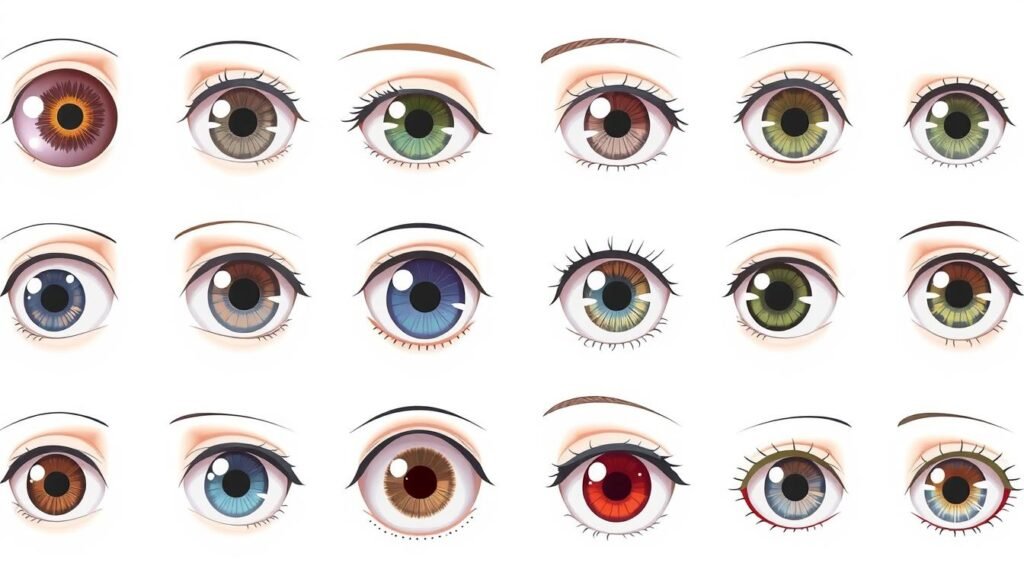Detailed anatomical comparison of anime-style eyes, showcasing various shapes, proportions and structures. A clean, scientific illustration with neutral lighting and a white background, highlighting the key features - iris, pupil, sclera, eyelid, eyelashes. Crisp, high-resolution rendering with precise, technical linework and soft shading to convey the 3D form. Organized in a grid layout to facilitate side-by-side analysis of different eye designs. Emphasis on educational value and technical accuracy over stylization, to serve as a reference for artists studying anime eye anatomy.
