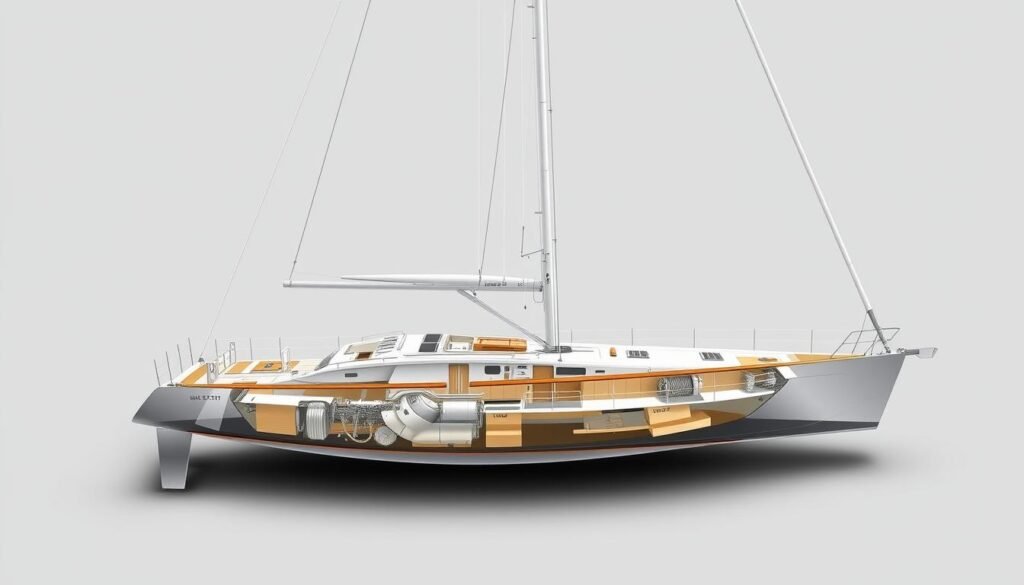 Detailed anatomical cross-section of a sailing boat, showcasing its internal structure and proportions. The boat is depicted in a minimalist, technical style, with a focus on engineering and design elements. Crisp lighting from multiple angles illuminates the various components, including the hull, keel, masts, rigging, and internal systems. The perspective is a clean, orthographic view, allowing for clear visualization of the boat's dimensions and layout. Subtle background gradients provide depth and context, emphasizing the technical nature of the illustration. The overall tone is informative and educational, suitable for a beginner's guide to understanding boat anatomy and proportions.