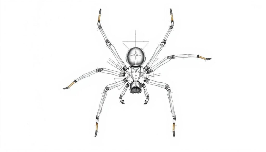 Detailed anatomical diagram of a spider, showcased against a clean white backdrop. The diagram meticulously renders the spider's various body parts, such as the cephalothorax, abdomen, chelicerae, pedipalps, and eight jointed legs. The illustration uses a combination of precise lines, subtle shading, and accurate proportions to depict the spider's internal and external structures, providing a comprehensive visual guide for understanding spider anatomy. Crisp lighting accentuates the intricate details, while a neutral color palette maintains focus on the scientific subject matter. The overall image conveys a sense of educational clarity and technical precision, ideal for illustrating the "Understanding Spider Anatomy" section of the article.