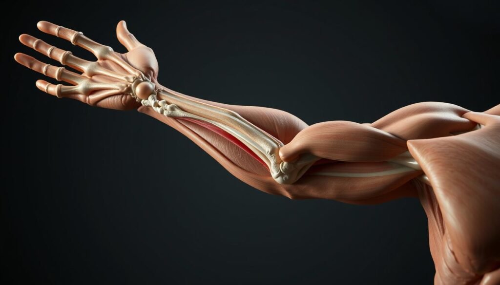Detailed anatomical study of a human arm, showcasing complex forms and structures. Soft, diffused lighting illuminates the skin, muscles, and tendons, highlighting their intricate interplay. The pose captures the arm in a dynamic, expressive gesture, with a focus on the subtle curves and angles that define its form. The background is minimal, allowing the arm to take center stage and inviting the viewer to explore its nuanced anatomy. Photorealistic rendering with a slight cinematic touch, conveying a sense of thoughtful, artistic observation.