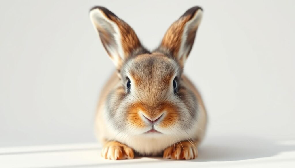 Detailed and realistic bunny with soft, plush fur texture. Close-up front view, centered in the frame, against a plain white backdrop. Warm, natural lighting from the left side casts gentle shadows and highlights the intricate fur patterns. The bunny's expression is calm and alert, with large expressive eyes. Attention to fine details like individual strands of fur, whiskers, and subtle color variations to create a lifelike, high-quality render. Overall, the image conveys a serene, delicate, and captivating impression of a rabbit's distinctive features.