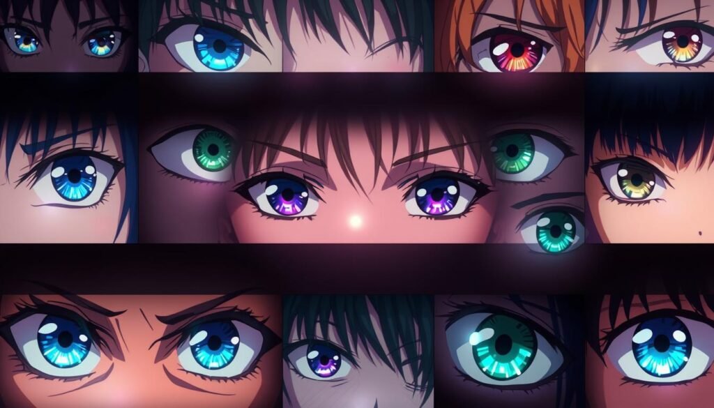 Detailed anime eye expressions and styles in a vivid display. Diverse range of eye shapes, sizes, and colors - from doe-eyed innocence to piercing intensity. Compelling gaze and emotive depth, capturing a spectrum of human feelings. Striking lighting accentuates the eyes, creating an ethereal, almost supernatural quality. Seamlessly blended into a captivating, atmospheric background that complements the focal point. Masterfully rendered with a keen eye for anatomical accuracy and artistic flair. Compelling, cinematic perspective that draws the viewer into the mesmerizing world of anime aesthetics.