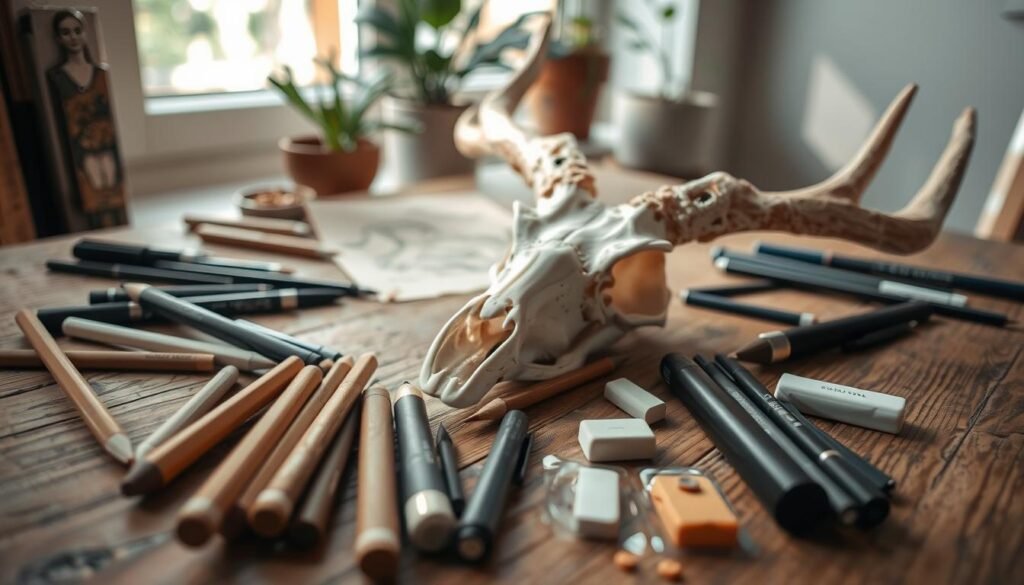 Detailed deer sketching tools and techniques laid out on a rustic wooden table. In the foreground, various drawing implements - graphite pencils, charcoal sticks, sketching pens, and erasers - are neatly arranged. In the middle ground, a deer skull rests, with its intricate bone structure serving as a reference for the artist. Soft, natural lighting filters through the window, casting gentle shadows and highlighting the textures of the materials. The background features a few potted plants, adding a touch of organic ambience to the scene. The overall mood is one of focus, creativity, and reverence for the subject matter.