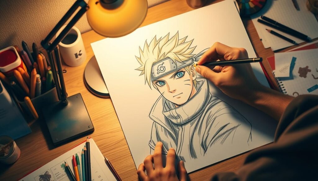 Detailed digital drawing tutorial showing final finishing touches on a character illustration. A skilled artist's hand meticulously adding highlights, shadows, and intricate detailing to a dynamic Naruto character sketch in a neatly organized workspace. Soft, warm lighting from a desk lamp casts a cozy ambiance, while the drawing surface is illuminated from above. The character's expressive face, vibrant hair, and detailed ninja attire are the focal points, surrounded by various drawing tools, color palettes, and reference materials. An atmosphere of focus, craft, and artistic mastery pervades the scene, inspiring the viewer to elevate their own drawing skills.