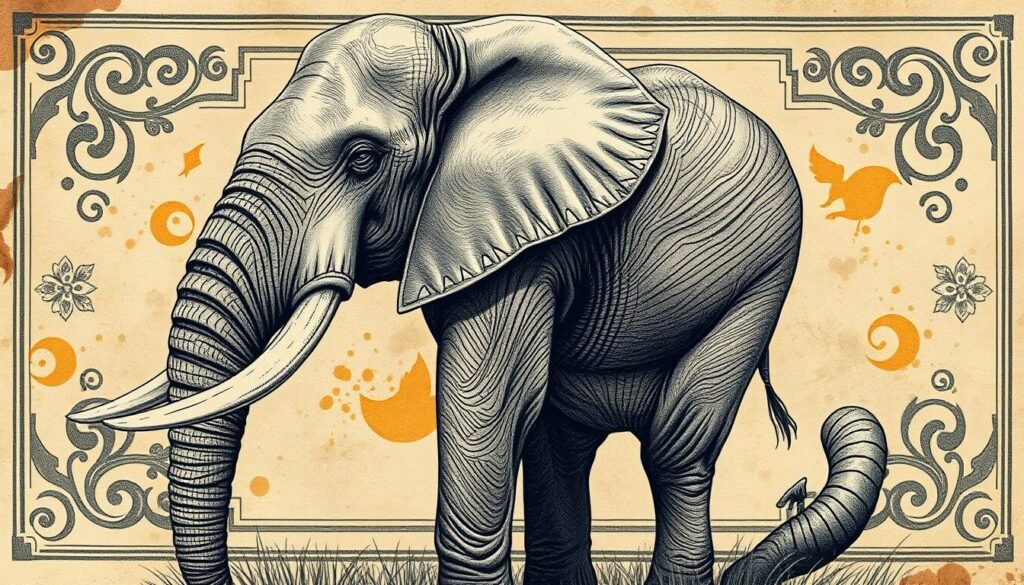 Detailed elephant artwork in a rustic, textured style. A large, majestic elephant dominates the foreground, its intricate skin patterns and wrinkles rendered with precision. The middle ground features an array of decorative flourishes, like swirling tribal designs and ornate border elements, complementing the elephant's form. A muted, earthy color palette with hints of warm ochres and cool grays sets a serene, naturalistic mood. Dramatic side lighting casts deep shadows, accentuating the sculptural quality of the elephant's features. The overall composition has a hand-crafted, artisanal feel, as if the image were a page from a meticulously illustrated sketchbook.