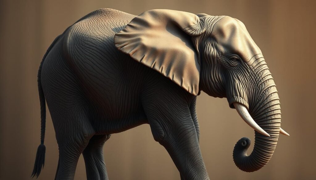 Detailed elephant portrait with emphasis on construction and shading techniques. Elephant standing in three-quarter view, with intricate rendering of skin texture, wrinkles, and contours. Soft, directional lighting illuminates the form, casting subtle shadows that accentuate the underlying anatomy. Warm, earthy tones predominate, with hints of cooler highlights to create depth and dimension. The background is slightly blurred, keeping the focus on the carefully observed elephant form. Precise, diligently applied rendering techniques convey a sense of weight, solidity, and naturalistic realism.