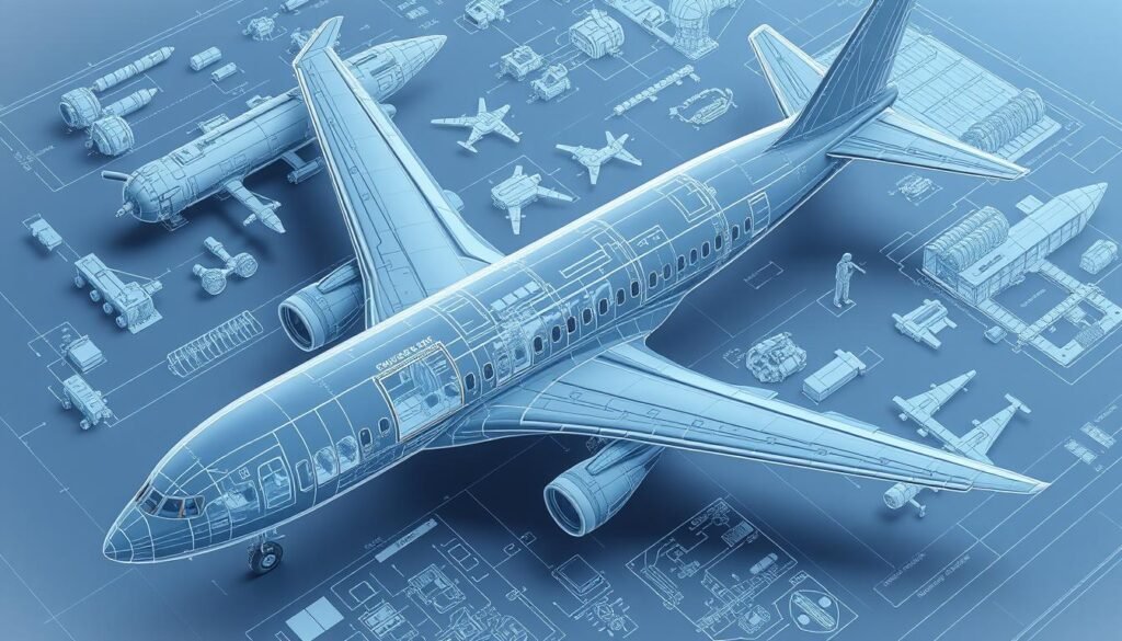 Detailed, highly-technical blueprint-style drawing of airplane parts, including intricate schematics of the fuselage, wings, engines, landing gear, and other key components. Rendered in a crisp, precise, technical illustration style with fine linework, mechanical precision, and a muted, engineering-focused color palette of grays, blues, and metallic tones. Lighting is bright and evenly diffused, creating clear, defined shadows that highlight the 3D forms. The perspective is an elevated, isometric view that showcases the various parts from multiple angles. The overall mood is one of technical mastery, engineering excellence, and a deep dive into the inner workings of aircraft design.