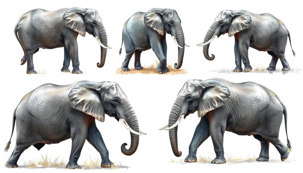 Detailed observational drawing reference photos of elephants in various poses and perspectives. Crisp, high-resolution images showcasing the intricate anatomy, wrinkled skin textures, and expressive features of these majestic creatures. Lighting is natural and soft, accentuating the form and shadows. Angles include side profile, three-quarter view, and overhead shots, capturing the elephants in realistic settings like grasslands or watering holes. Convey a sense of tranquility and reverence for the subject. Avoid excessive clutter or distractions in the background, allowing the elephants to be the focal point.