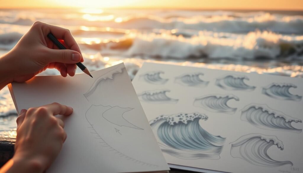 Detailed scene of a wave drawing tutorial, with an aspiring artist working through challenges and finding creative solutions. In the foreground, a hand holds a sketchpad, pencil poised, as the artist studies the undulating motion of waves crashing against the shore. The middle ground reveals various sketches and studies, each exploring different techniques to capture the complex forms and fluid dynamics. In the background, an inspiring seascape unfolds, the waves illuminated by warm, golden light that casts dramatic shadows and highlights. The atmosphere is one of focused concentration and a sense of discovery, as the artist navigates the intricacies of rendering this captivating natural phenomenon.