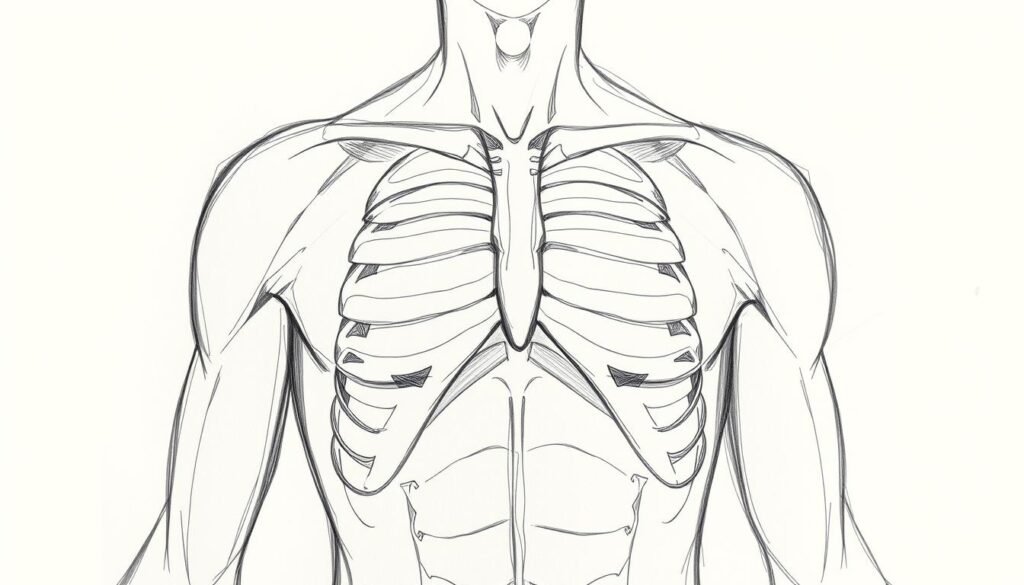 Detailed sketch of a human torso, focusing on the upper body anatomy. Simplified shapes and contour lines emphasize the underlying structure - the ribcage, pectoral muscles, and shoulders. Muted tones, with light and shadow creating depth and volume. Sketchy, textured rendering style, suggesting an unfinished, dynamic quality. Viewpoint is angled slightly from above, creating a sense of the figure being studied or observed. Clean, minimalist background allows the subject to be the central focus.