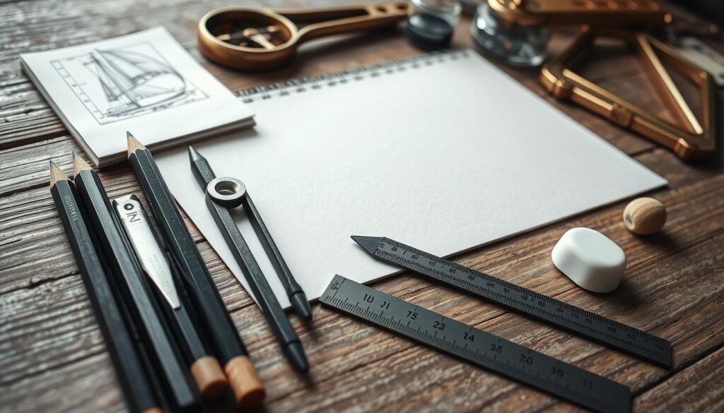Detailed sketch of essential boat drawing tools arranged on a textured wooden surface. Foreground features a set of high-quality graphite pencils, a compass, and a ruler. Midground showcases a sketchpad, a blending stump, and a white eraser. Background depicts a vintage brass compass, a drawing square, and a small jar of ink. Soft, natural lighting illuminates the scene, casting gentle shadows and highlighting the tactile quality of the materials. The overall composition conveys a sense of careful preparation and the tools of a skilled nautical artist.