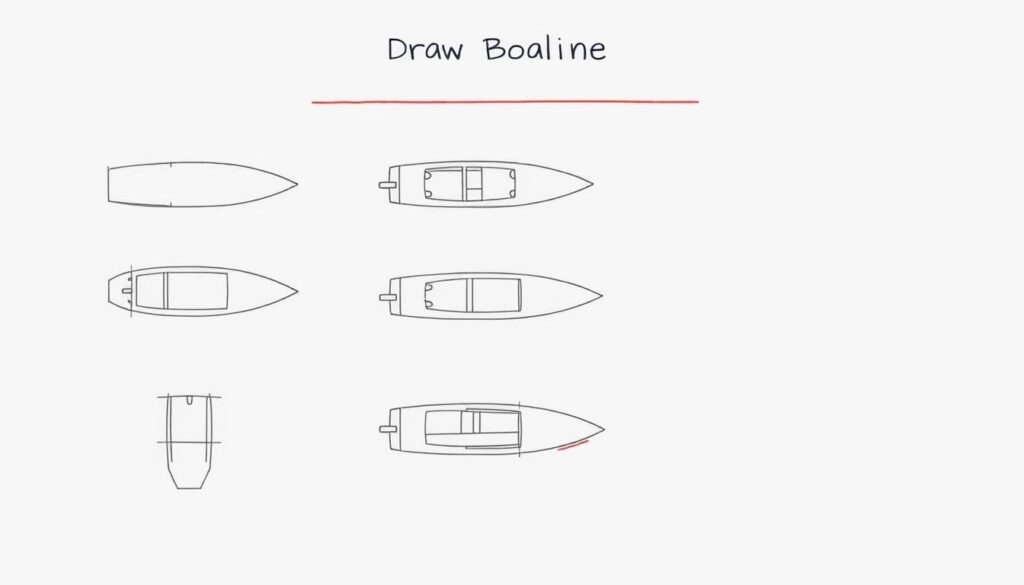 Detailed step-by-step boat outline guide, with clean simple lines and a minimalist aesthetic. A series of sequential sketches demonstrating the construction of a realistic boat form, from basic hull to full vessel. Rendered in a muted color palette with soft shadows and highlights, conveying a sense of technical instruction. Captured from an overhead perspective with a tight framing to focus on the diagrammatic nature of the illustration. The overall mood is calm, educational, and easy to follow, suitable for a beginner's guide to drawing boats.