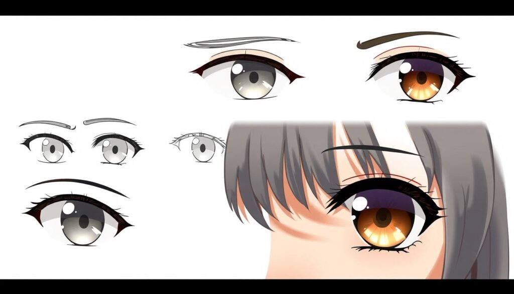 Detailed step-by-step guide for drawing anime eyes, depicted in a realistic digital art style. The foreground shows the progression of sketching, from basic shapes to refined features - curved brows, expressive lids, and intricate lashes. The middle ground showcases the shading and coloring techniques, with soft gradients and precise highlights. The background provides a neutral, minimalist setting to focus attention on the eye-drawing process. The lighting is natural and warm, creating a sense of depth and dimensionality. The camera angle is slightly tilted, giving an engaging, dynamic perspective on the subject matter.
