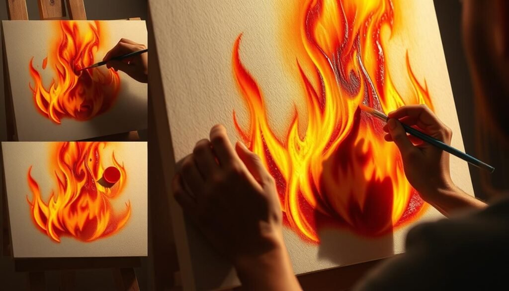 Detailed step-by-step process of flame painting. A series of hands skillfully applying vibrant orange, yellow, and red paints to a canvas, gradually building up layers to create a realistic flickering flame effect. Warm lighting from the side casts dramatic shadows, enhancing the sense of depth and volume. The paints blend seamlessly, capturing the fluid, organic movement of fire. The canvas is positioned at a slight angle, allowing the viewer to observe the painting technique from an optimal vantage point. The atmosphere is focused and immersive, drawing the audience into the creative process.