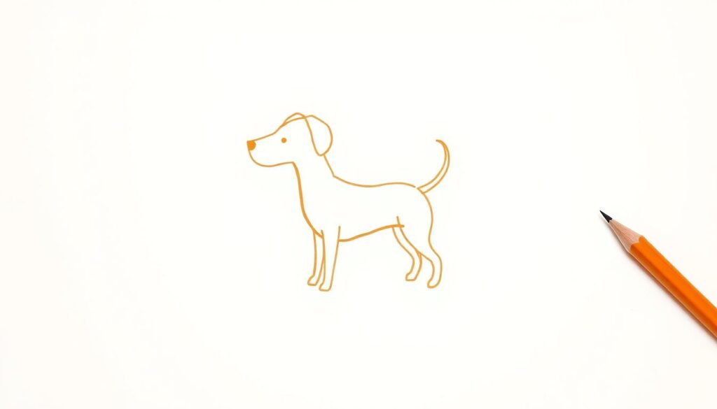 Detailed step-by-step tutorial for drawing a whimsical stick figure dog. Centered on a plain white background, with a simple line sketch of a dog in warm sepia tones. The stick figure form is composed of clean, geometric shapes - a rounded head, two elongated limbs, and a wiggly tail. Loose, gestural brushstrokes suggest the fluid, playful motion of a friendly pup. Soft, ambient lighting creates depth and dimension, highlighting the illustrative, hand-drawn quality. The overall mood is one of approachable simplicity, inviting the viewer to pick up a pencil and try the technique themselves.