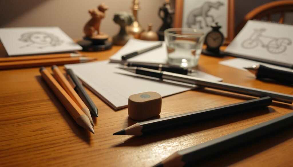 Drawing tools and materials arranged on a warm, wooden table. In the foreground, a set of high-quality sketching pencils, an artist's eraser, and a sharpener. In the middle ground, a sketchpad, a fine-tipped ink pen, and a small cup of water for washing brushes. In the background, a collection of drawing-themed trinkets, such as a small sculpture or a framed drawing, creating a cozy, creative atmosphere. Soft, directional lighting casts subtle shadows, highlighting the textures and details of the items. The overall scene conveys a sense of inspiration and the excitement of beginning a new drawing project.
