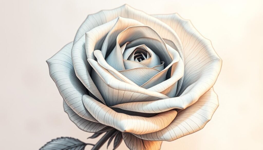 Elegant rose drawing with advanced techniques, showcasing intricate petals, delicate veins, and subtle shadows. A close-up view highlights the artist's masterful command of line, shading, and perspective. Soft, warm lighting illuminates the rose's sculptural form, creating a sense of depth and dimension. The background is a hazy, dreamlike setting, allowing the rose to take center stage. Executed with precision and attention to detail, this drawing demonstrates the artist's deep understanding of rose anatomy and their ability to capture the essence of this timeless floral subject.