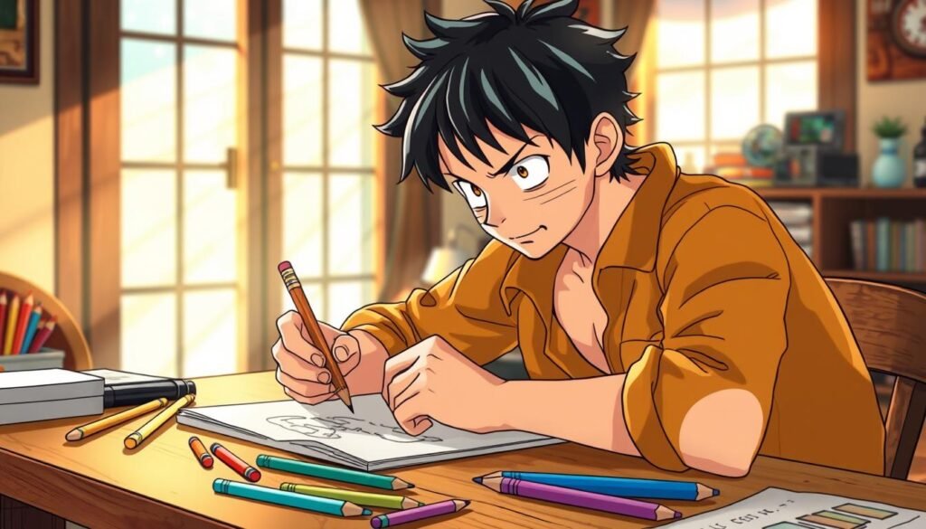 Luffy sitting at a wooden desk, leaning over a sketchpad, pencil in hand. Sunlight filters through a window, casting soft shadows across the scene. On the desk, an array of drawing tools - colored pencils, erasers, rulers. Luffy's face is focused, brow furrowed in concentration as he sketches, capturing the essence of his iconic character design. The background is a cozy, homely interior, hinting at the artistic process behind bringing Luffy to life. Warm tones and a sense of calm pervade the image, inviting the viewer to join Luffy on his drawing journey.