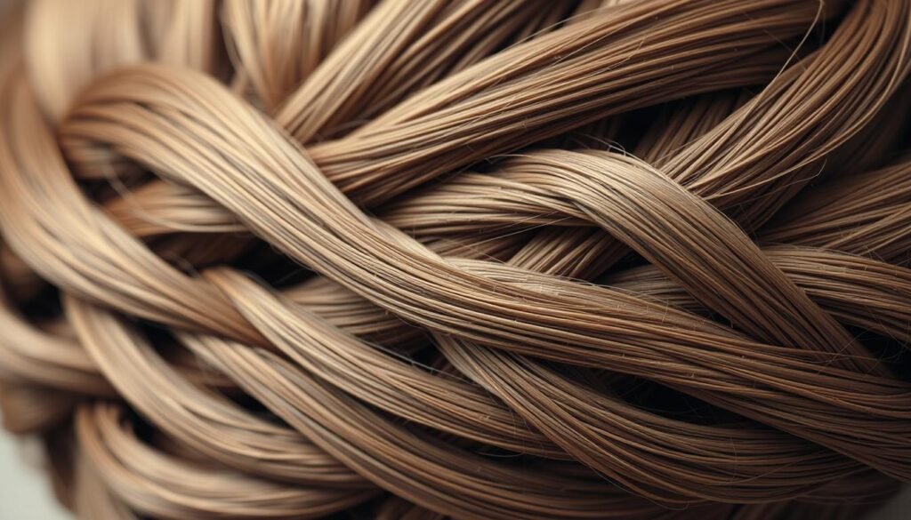 Overlapping lines of varying thickness and intensity intertwine to form an intricate braid pattern. Muted, warm tones of brown and beige create depth and dimension, with subtle shading techniques adding texture and depth. The composition focuses on the foreground details, capturing the nuanced complexity of braided hair strands. Soft, diffused lighting casts gentle shadows, highlighting the contours and flow of the braid. The overall mood is one of artful refinement, showcasing the skilled techniques used to bring this hairstyle to life.