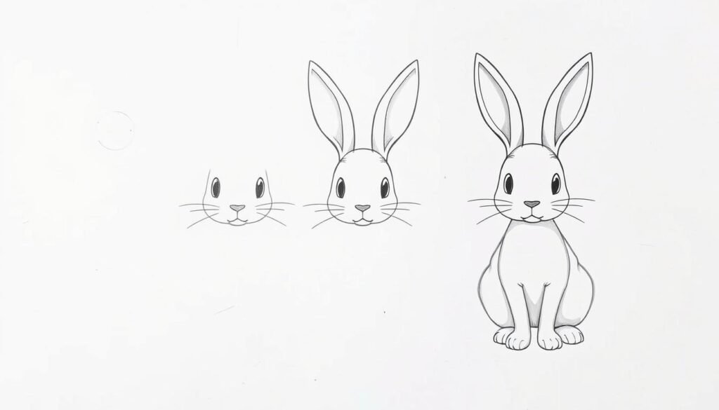 Step-by-step process of a bunny drawing, showing the head, ears, and body construction. A clear, detailed illustration with clean linework and soft shading, showcasing the anatomy and proportions of the rabbit in a neutral, white background. The drawing is presented from a slightly elevated front-facing perspective, allowing the viewer to clearly observe the step-by-step construction of the bunny's features. The lighting is soft and diffused, creating gentle shadows that accentuate the form. The overall mood is educational and informative, suitable for a tutorial on how to draw a bunny.