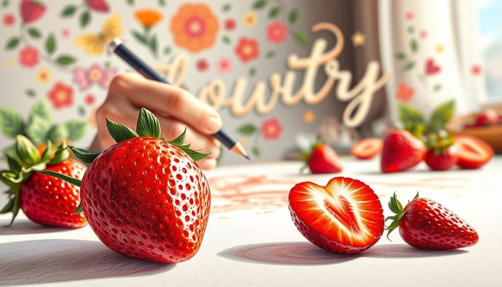 Vibrant strawberry drawing with enchanting enhancement techniques. Delicate fruit in the foreground, rendered in luscious colors and textures. Hands skillfully wielding drawing tools in the middle ground, captured in a dynamic pose. Whimsical floral and typographic elements in the background, creating a playful, inspirational ambiance. Warm, soft lighting illuminates the scene, casting gentle shadows. A high-resolution, photorealistic illustration, shot from a slightly elevated angle to showcase the creative process. Evoking a sense of artistry, creativity and the joy of strawberry-themed drawing.