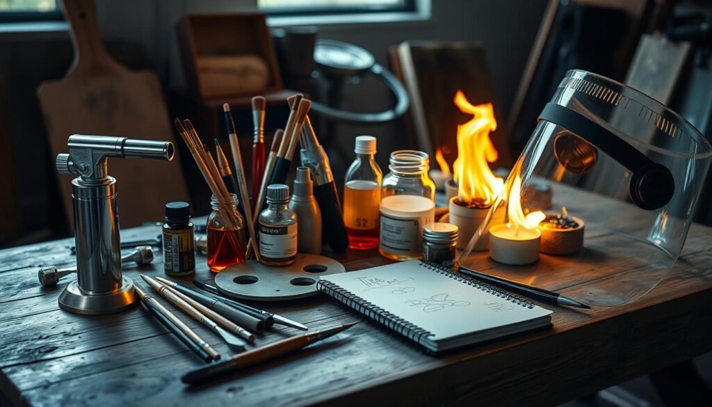 a detailed still life composition of various art tools and supplies for flame painting, including a metal torch, a set of paint brushes, a palette knife, a jar of flammable liquid, a small jar of flame-resistant medium, a sketchpad, and a protective face shield, all arranged on a sturdy wooden table in a well-lit studio environment, with a warm, dramatic lighting that casts dramatic shadows, creating a sense of intensity and creativity.