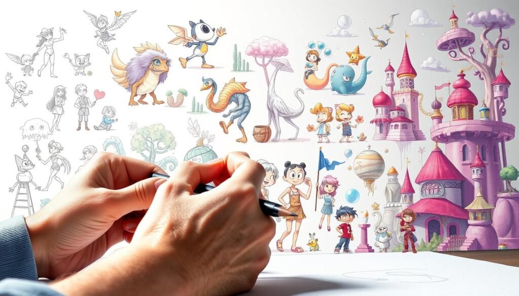a highly detailed, hyper-realistic digital illustration of advanced cartoon drawing techniques, including dynamic character poses, creative use of light and shadow, vivid colors, and intricate visual textures. The foreground features a skilled artist's hand skillfully wielding various drawing tools, like pencils, markers, and digital styluses, against a clean white background. The middle ground showcases a series of vibrant, expressive cartoon character sketches in various stages of completion, demonstrating diverse styles, anatomical proportions, and emotive expressions. The background subtly blends into a dreamlike scene of whimsical cartoon landscapes, surreal environments, and imaginative visual elements, all infused with a sense of artistic inspiration and technical mastery.