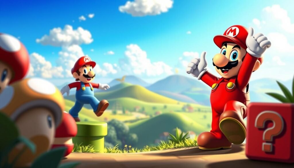 a highly detailed, photorealistic illustration of a tutorial on how to draw iconic elements from the Super Mario video game franchise. The foreground features several classic Mario elements such as a Goomba enemy, a mushroom power-up, and a question mark block. The middle ground shows a Mario character in a dynamic action pose, with detailed rendering of his iconic red overalls, blue shirt, and signature mustache. The background depicts a lush, colorful Mario-themed landscape with rolling hills, clouds, and a clear blue sky. The lighting is natural and diffused, creating a warm, inviting atmosphere. The perspective is slightly angled to provide an engaging, three-dimensional view of the scene. The overall mood is one of nostalgia and playful whimsy, capturing the spirit of the beloved Super Mario games.