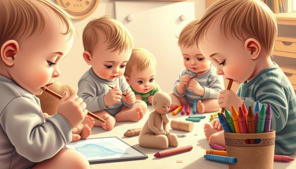 a highly detailed, whimsical illustration of advanced baby drawing techniques, featuring a group of adorable infants engaged in various artistic activities. In the foreground, a baby is delicately painting with a tiny brush, their expression focused and determined. In the middle ground, another baby is meticulously sculpting a clay figure, their chubby fingers working with surprising dexterity. In the background, a cluster of babies is experimenting with different drawing media, some using vibrant crayons, others exploring the possibilities of charcoal and pastels. The scene is bathed in a warm, soft light, creating a cozy and nurturing atmosphere. The babies' clothing and surroundings are rendered with an eye for intricate detail, showcasing the creative potential of these tiny artistic prodigies. a highly detailed, whimsical illustration of advanced baby drawing techniques, featuring a group of adorable infants engaged in various artistic activities. In the foreground, a baby is delicately painting with a tiny brush, their expression focused and determined. In the middle ground, another baby is meticulously sculpting a clay figure, their chubby fingers working with surprising dexterity. In the background, a cluster of babies is experimenting with different drawing media, some using vibrant crayons, others exploring the possibilities of charcoal and pastels. The scene is bathed in a warm, soft light, creating a cozy and nurturing atmosphere. The babies' clothing and surroundings are rendered with an eye for intricate detail, showcasing the creative potential of these tiny artistic prodigies.