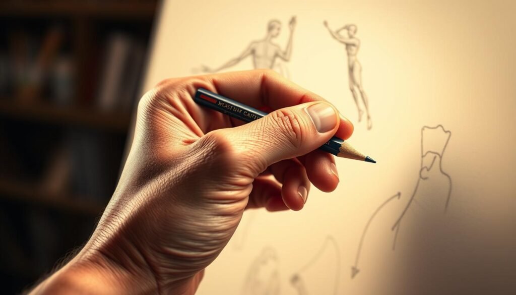 a professional artist's hand holding a drawing pencil, close-up view, detailed anatomical rendering of the hand and fingers, warm studio lighting, soft focus background, realistic textures and shading, digital painting style, no distractions, focus on the art creation process